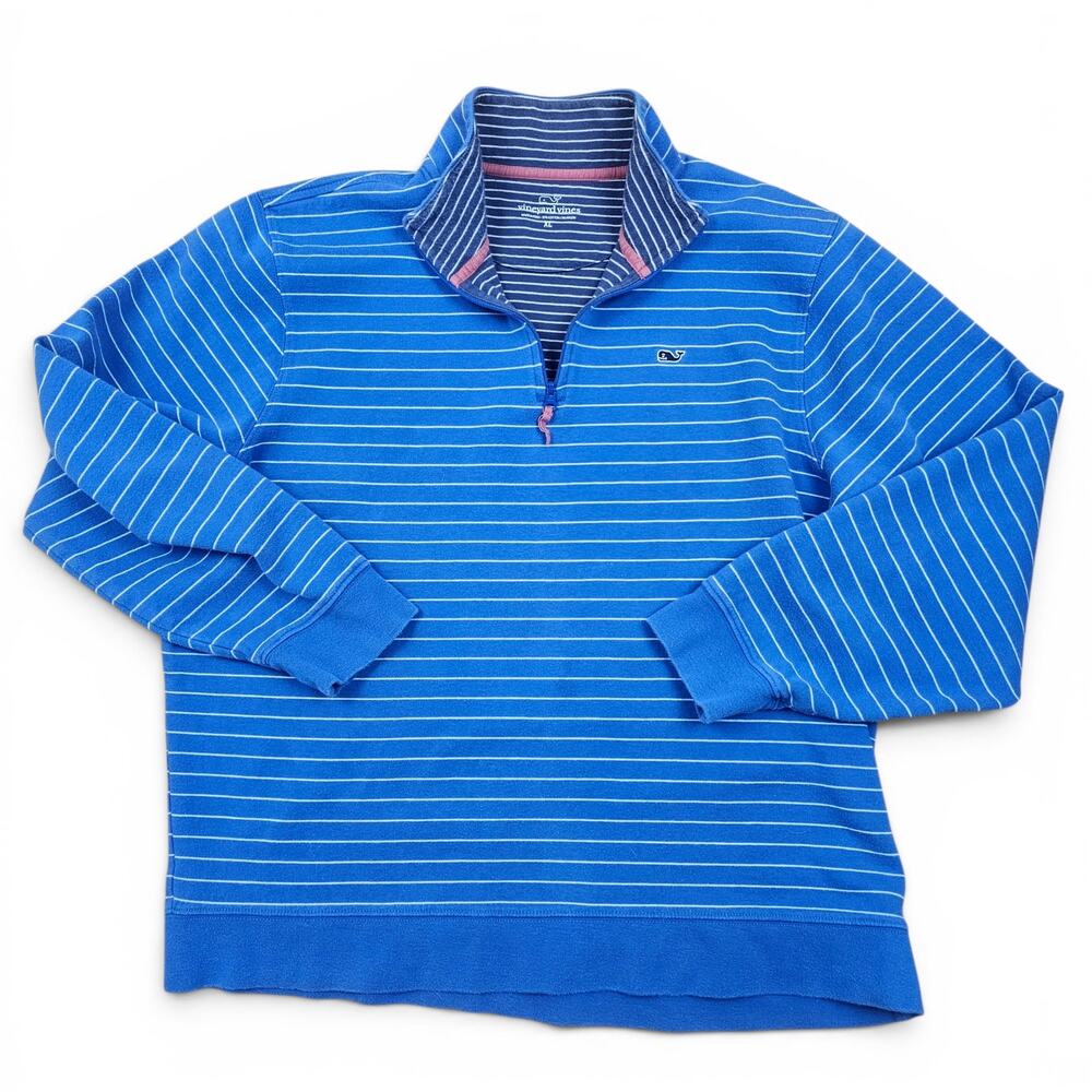 VINEYARD VINES 1/4 Zip Pullover Women XL Blue Striped Coastal Preppy Sweatshirt
